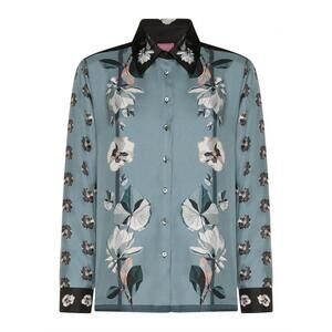 NEW FRANCO FERRARI women's printed silk blouse in blue grey